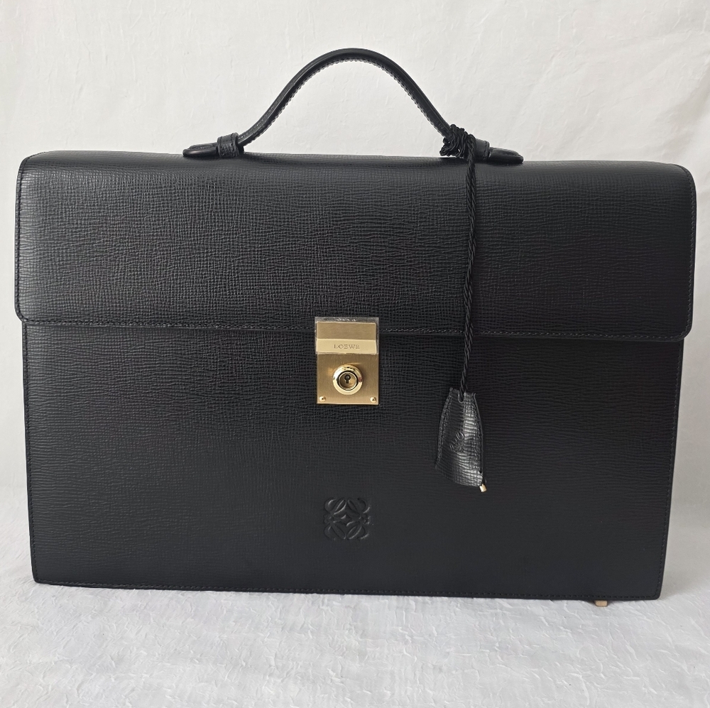 Auth NWOT Loewe Anagram Black Leather Briefcase/Laptop Bag
